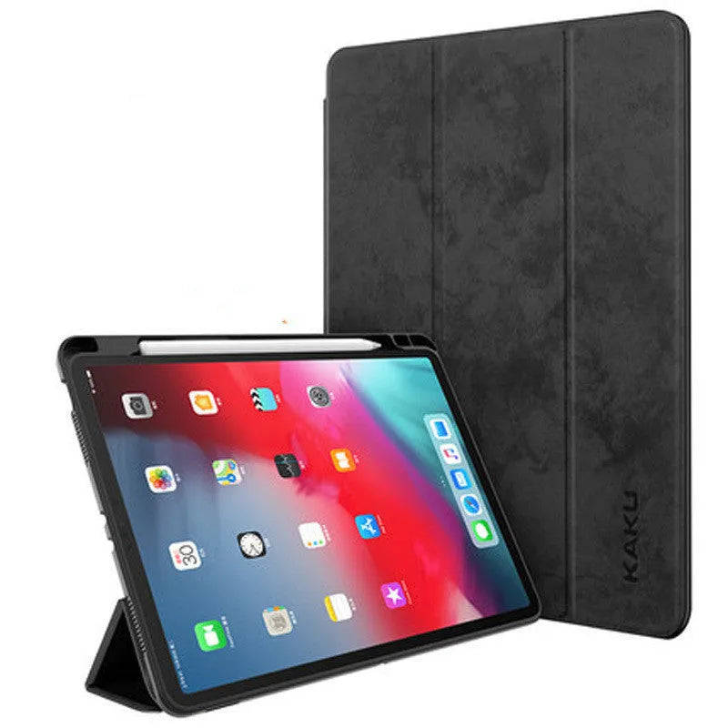 Leather tablet case with pen slot for iPad in black, clamshell design, imitation leather exterior