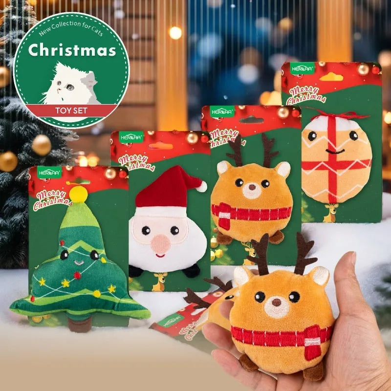 Christmas cat plush toy with catnip in festive designs including Santa Claus, Christmas Elk, Christmas Tree and Smiling Face Egg
