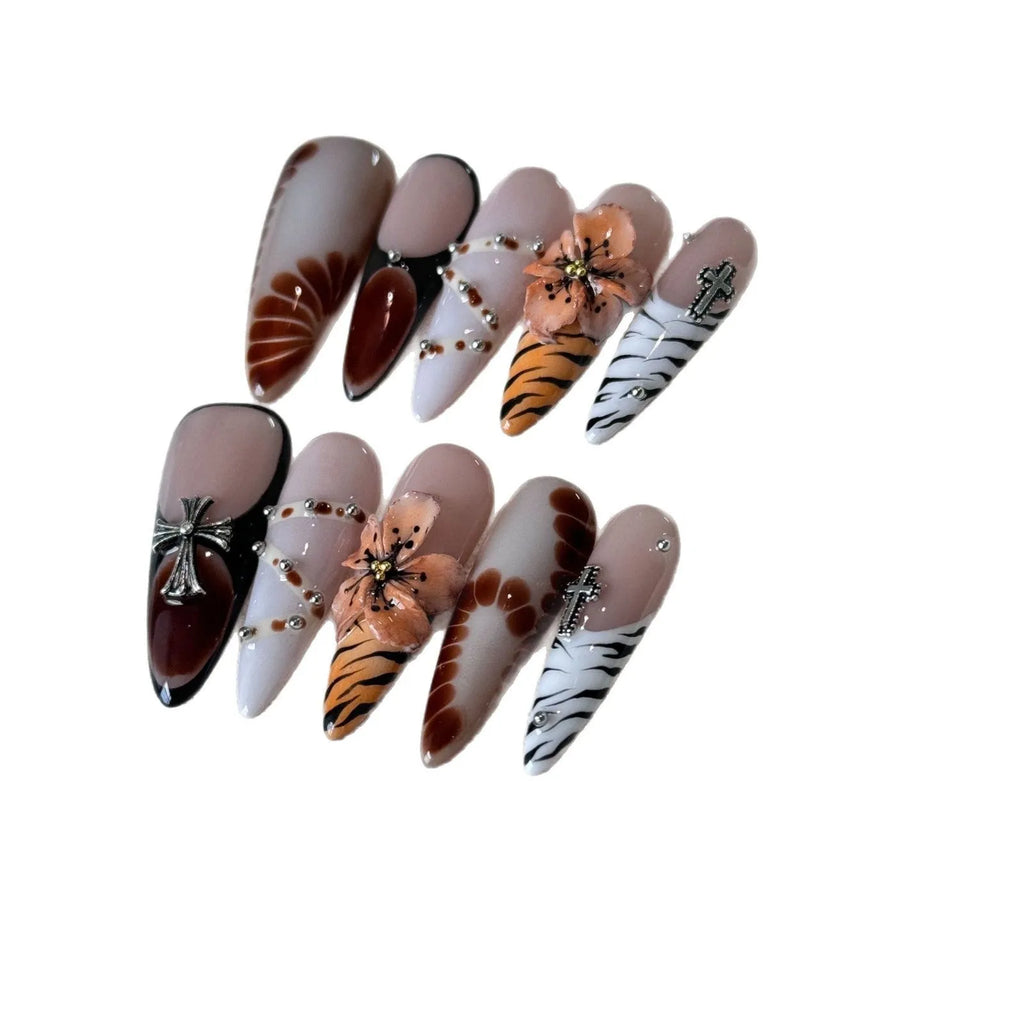 Handmade French style leopard print nail stickers with cross and flower designs in sizes XS S M L