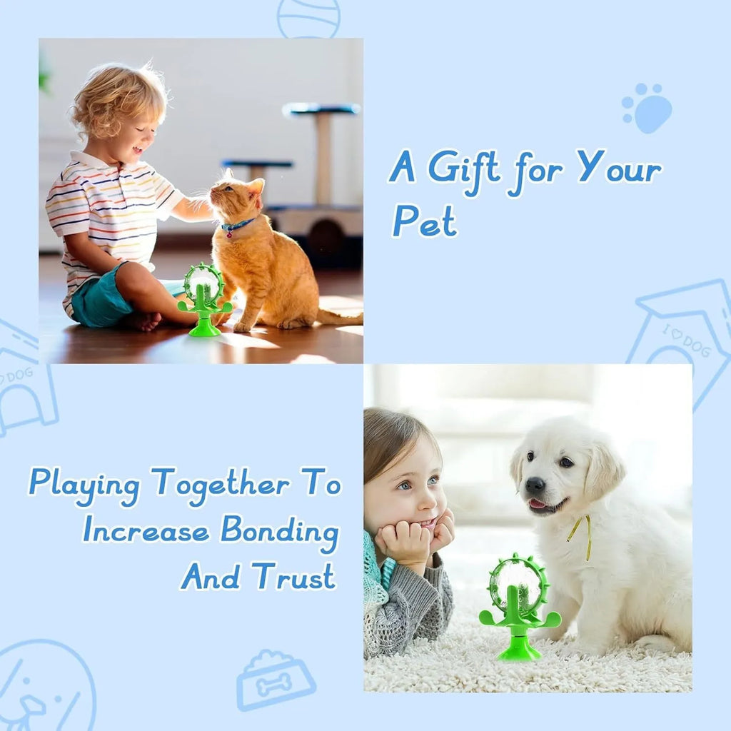 Blue interactive pet puzzle feeder toy with rotating spinner and suction cup base