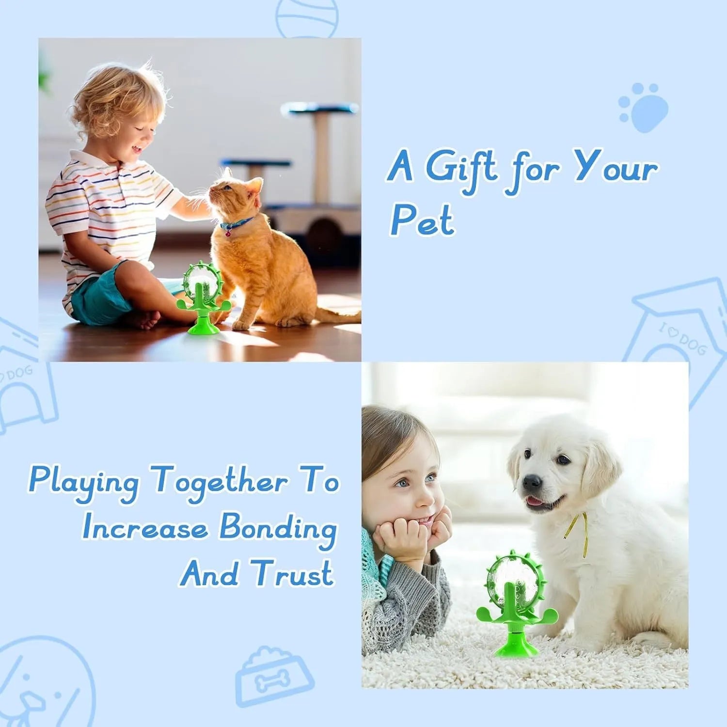 Blue interactive pet puzzle feeder toy with rotating spinner and suction cup base