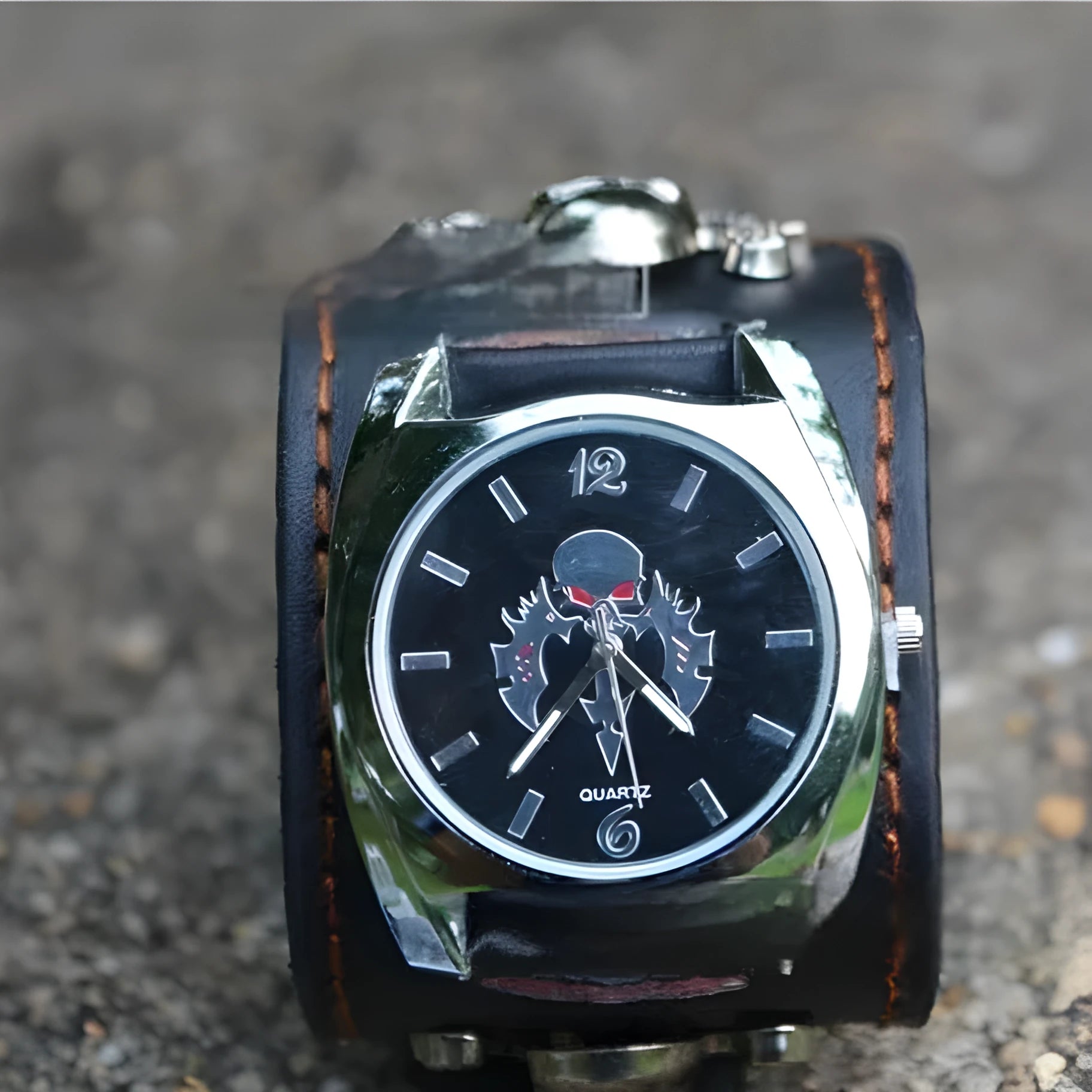 Men's black skull square watch with metal strap on wrist, 10mm thickness