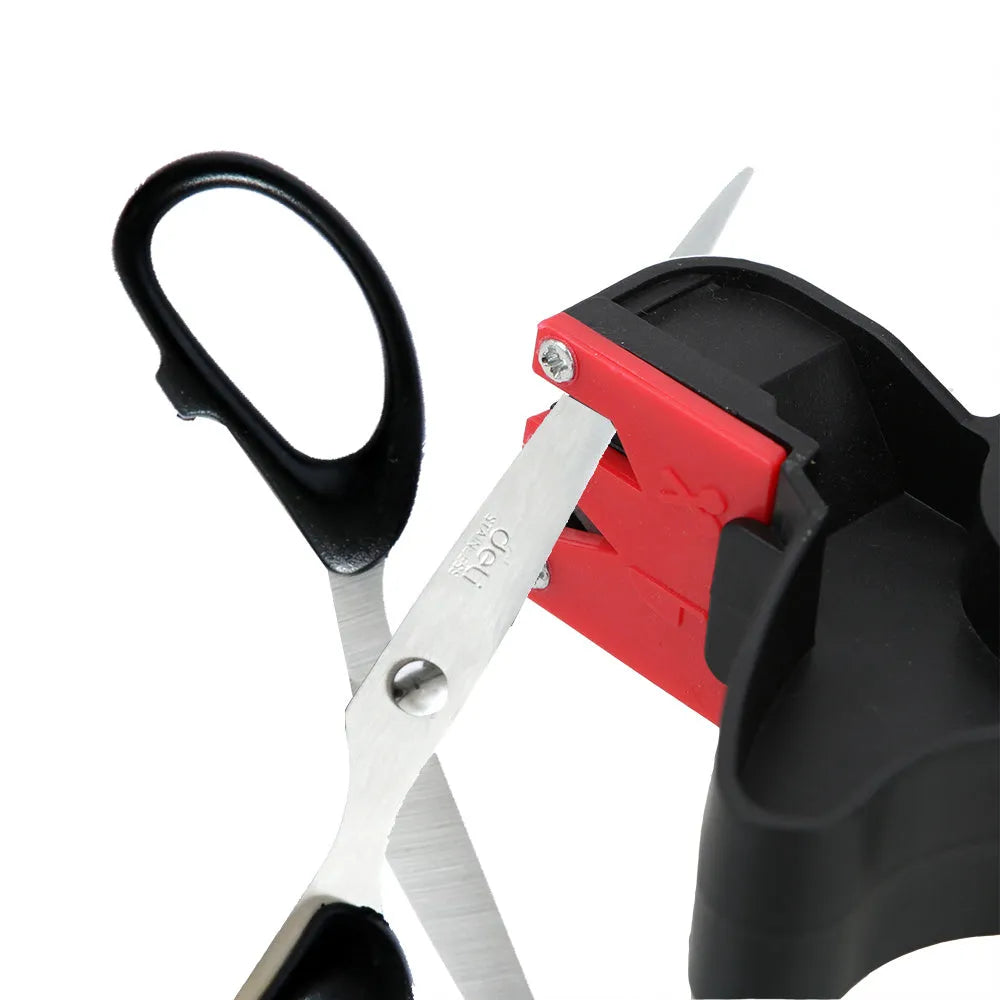 Handheld 2-in-1 black knife and scissor sharpener with tungsten steel blade on white background