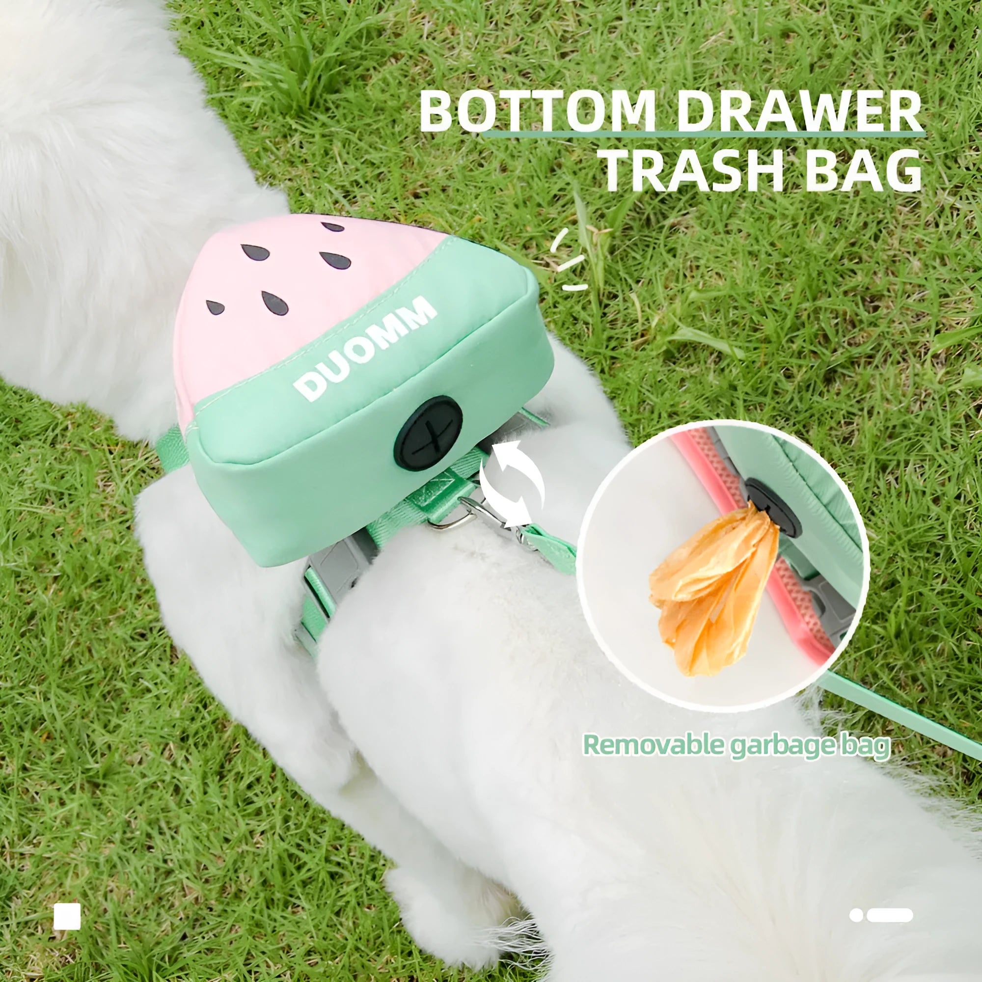 Pet backpack chest strap set with fruit design and anti-slip traction rope for dogs and cats