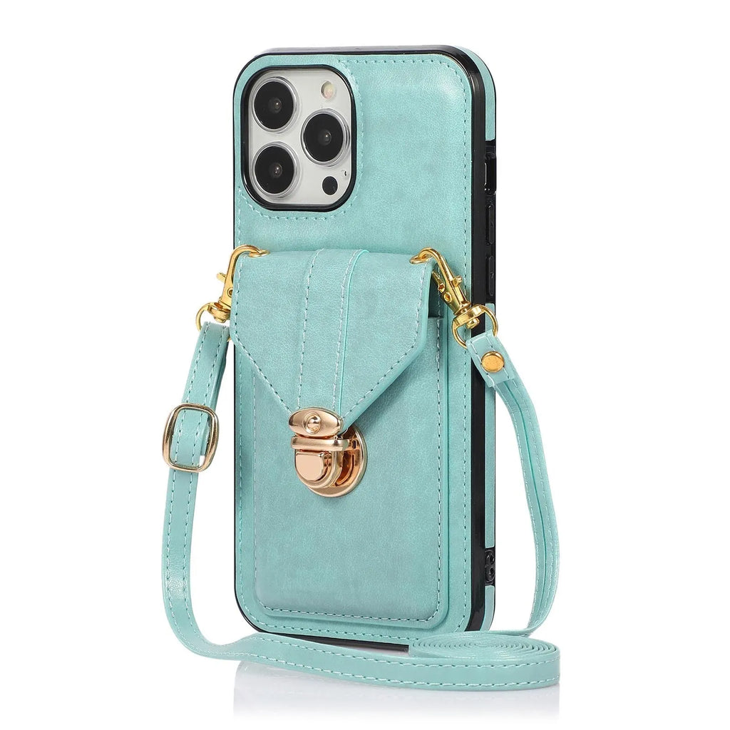 Black PU card holder phone case with cross-body lanyard for Samsung S20