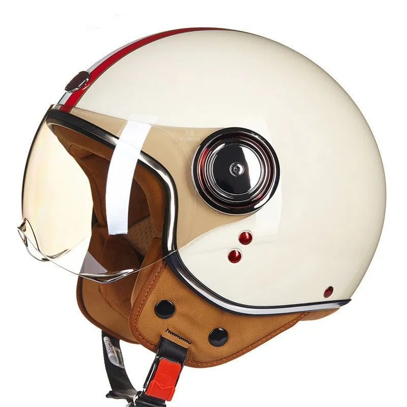 Retro-style half helmet for battery cars in bright blue and red colour combination showing ABS construction