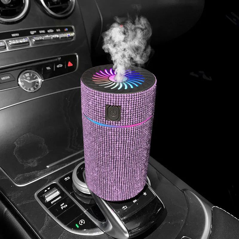 Car-mounted air purifier humidifier unit showing compact design and USB power connection