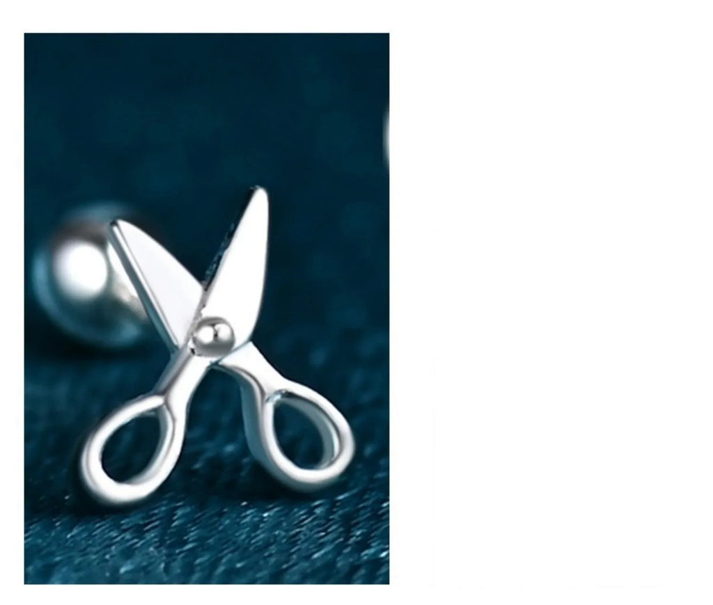S999 pure silver screw back earrings with mini scissors design for women