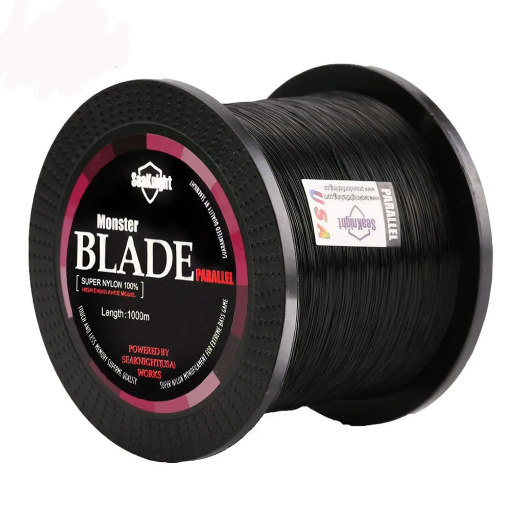 Seaknight 1000 M nylon fishing line spool in black, blue, green, or white, showing available sizes from 0.4 to 8.0.