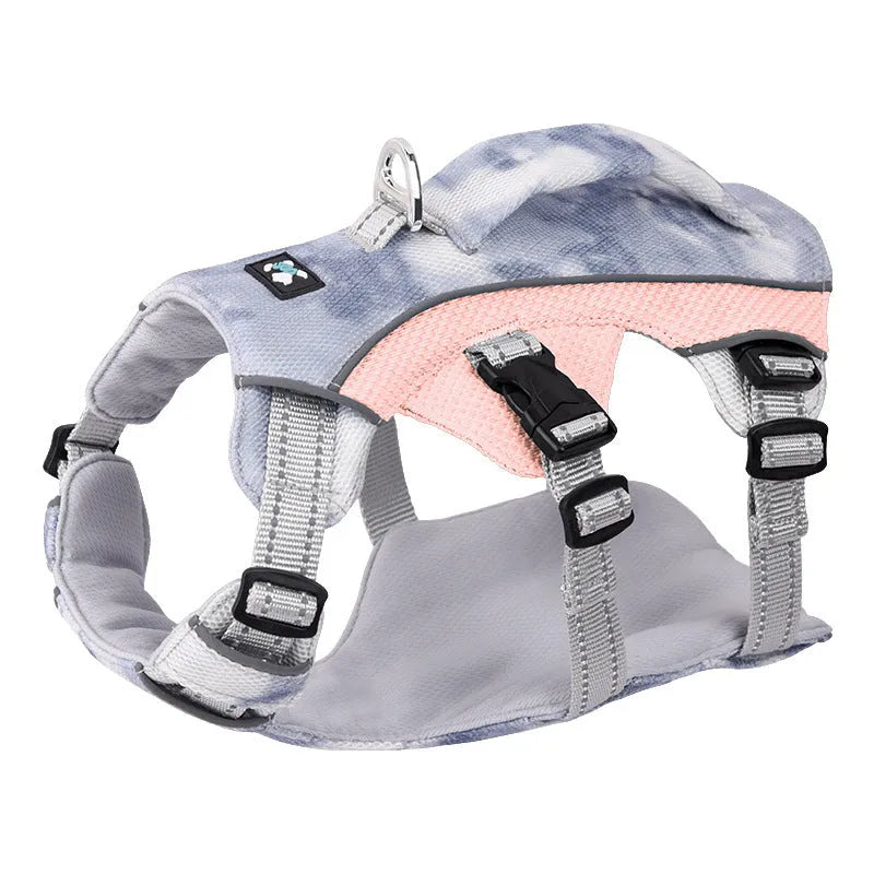 Light blue reflective dog cooling chest strap shown on a dog, with adjustable straps and size label.
