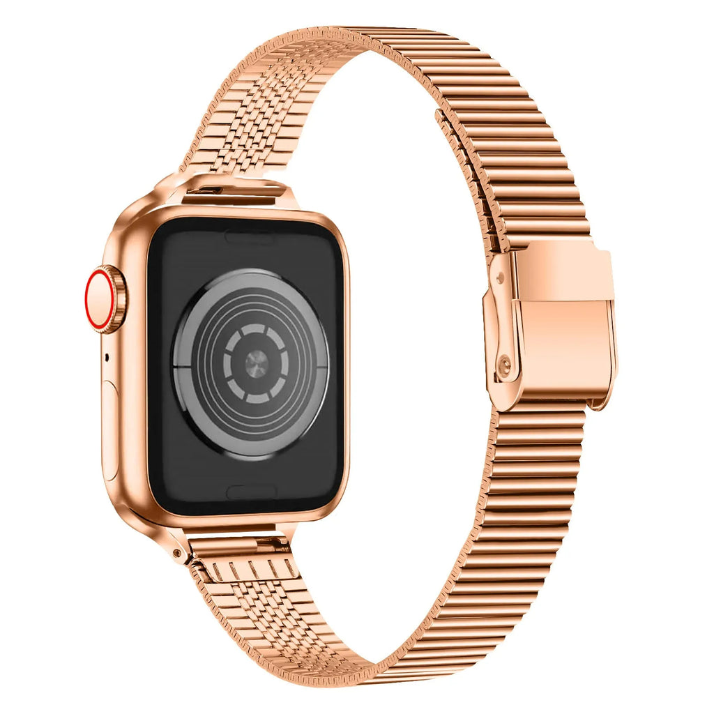 Stainless steel watch strap with one bead and double buckle for Apple Watch, available in black, silver, rose gold, and rose pink