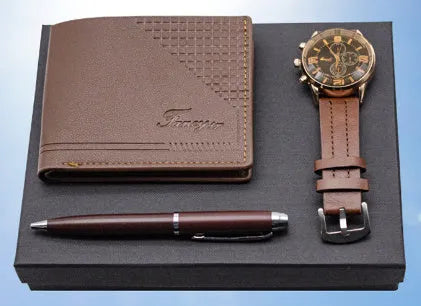 Creative holiday gift set containing a brown wallet, pen, and watch inside an open gift box.