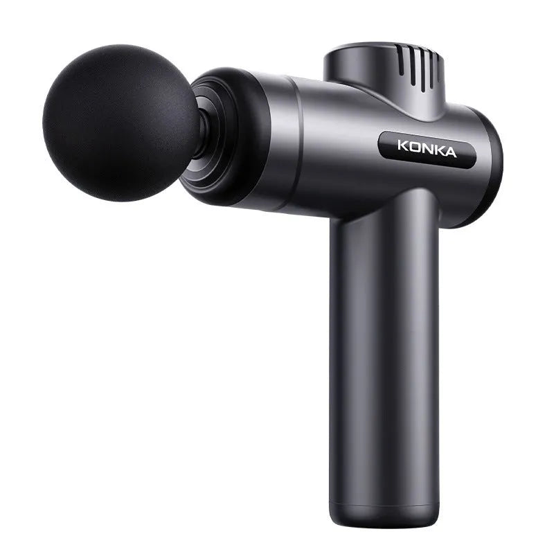 Konka V19 grey mini massage gun with set of eight different coloured massage heads on a table.