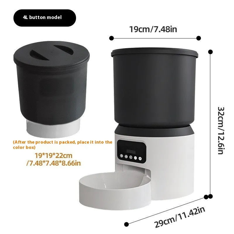 4L smart pet feeder with remote control and video camera on a kitchen floor