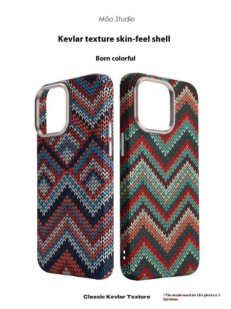 Kevlar pattern magnetic suction phone case for iPhone in Santorini Blue showing skin-like texture and protective shell design