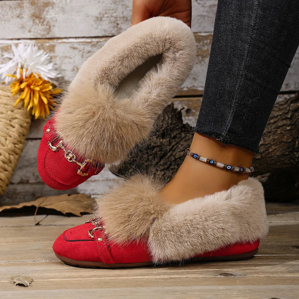 Women's cotton-padded velvet shoes in solid colour with fabric upper, flat heel, and TPR sole for indoor wear