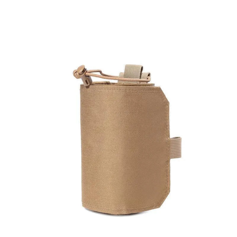 Adjustable outdoor thermal bottle cover in Oxford cloth, shown in black and khaki colours.