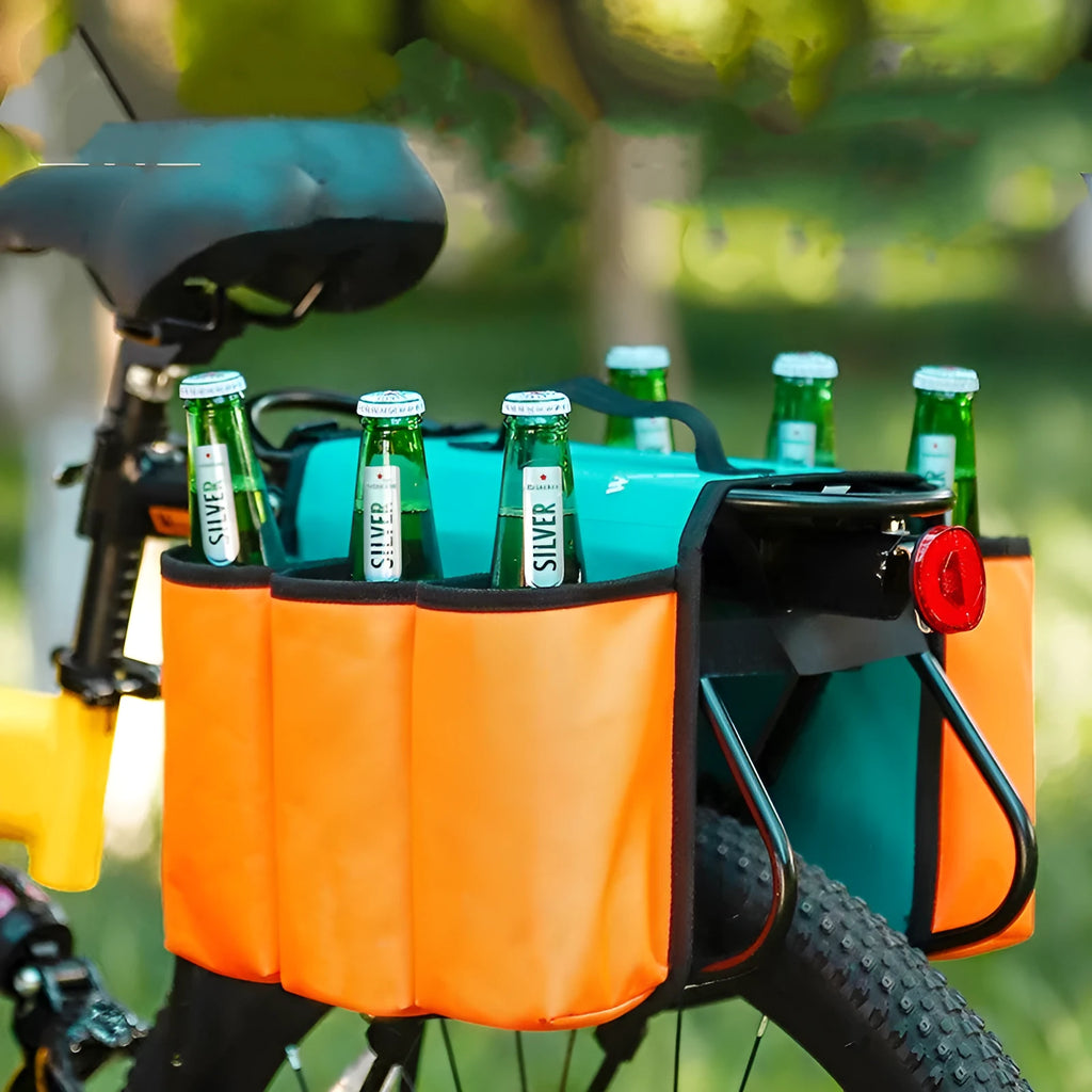 Black and orange bicycle double-sided anti-scratch shelf bag mounted on a bike frame.