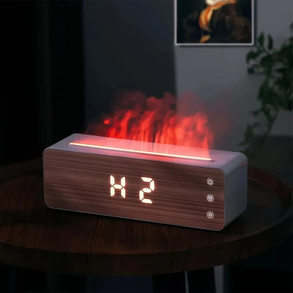 Homefish flame humidifier with wood-grain panel, clock and humidity display on a table