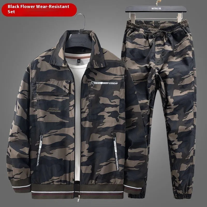 Men's camouflage cargo pants suit in Army Green with top and pants, lightweight polyester workwear