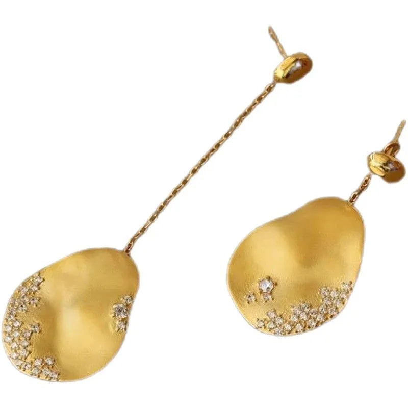 Asymmetric floral earrings with Chinese style design featuring zircon mosaic accents on gold-plated materials