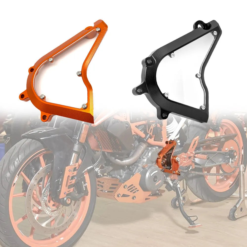 KTM Duke motorcycle chain front gear cover in black and orange options, 20cm by 15cm by 5cm.