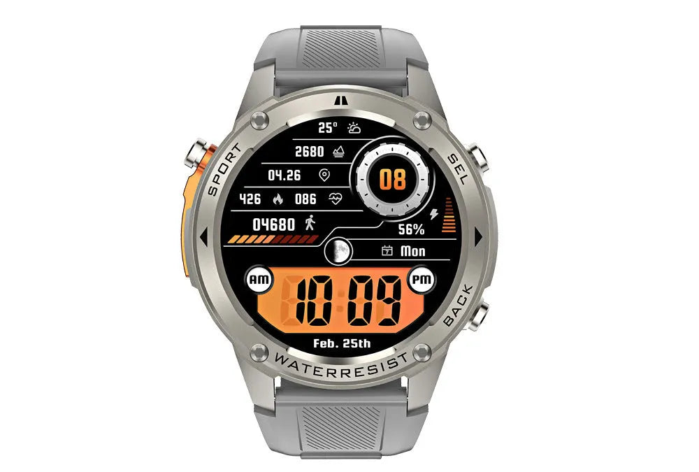 Outdoor Compass 5ATM waterproof smart watch with AMOLED display, black and silver colours, health monitoring features