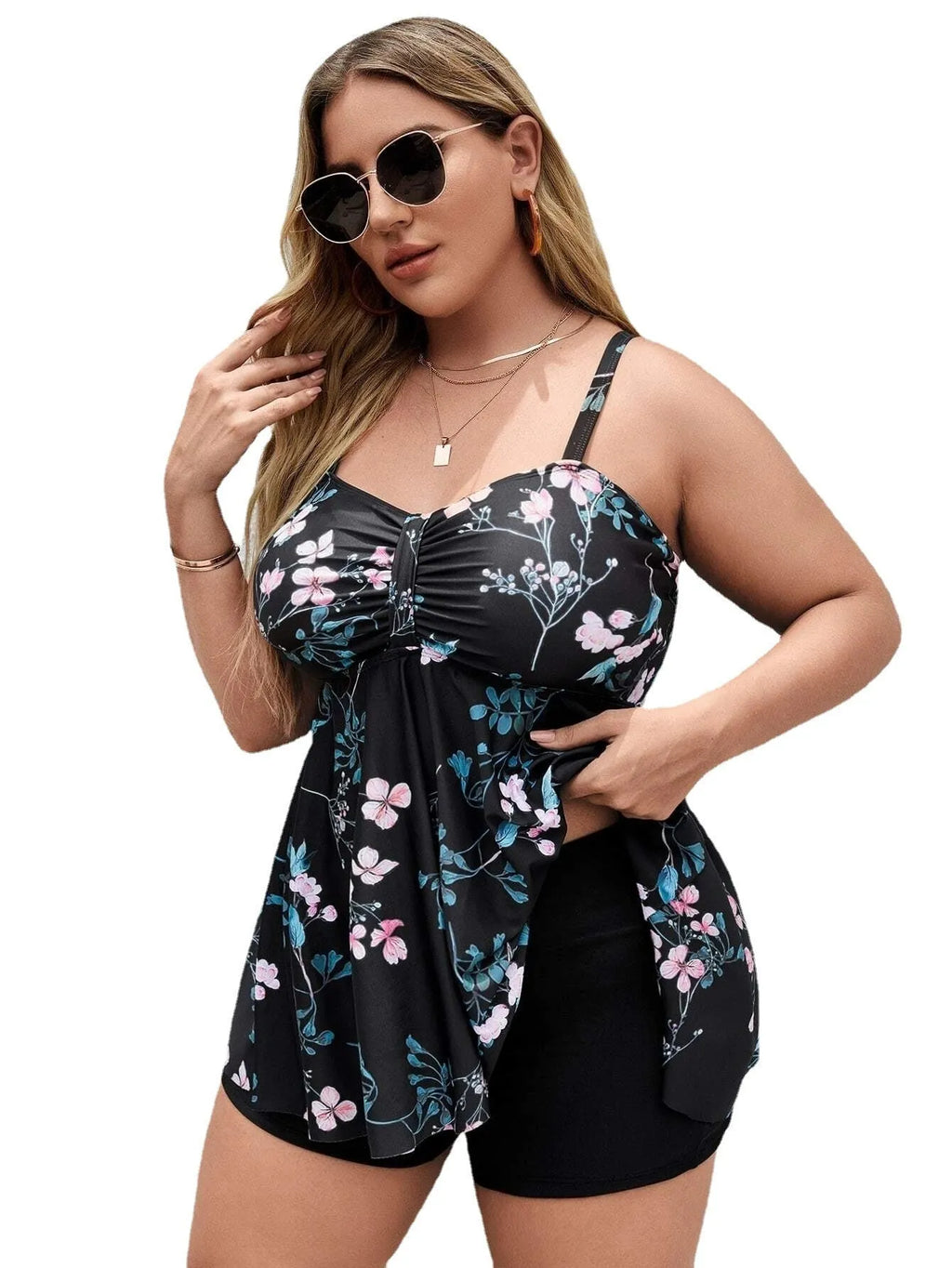 Women's floral printed one-piece swimsuit with split colour design in plus sizes