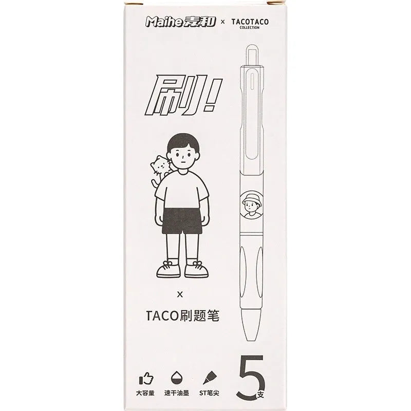 Five white plastic ballpoint pens with 0.5mm black refills for student writing