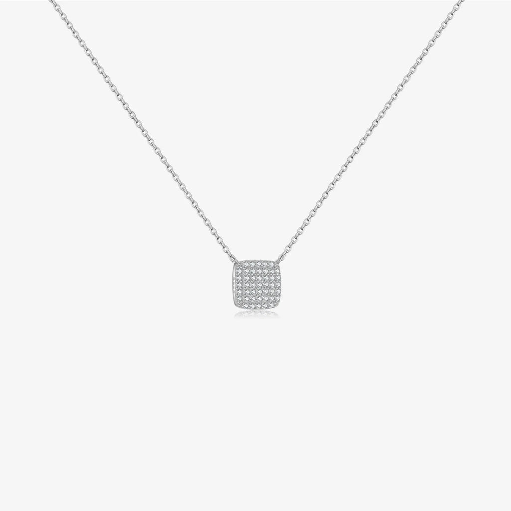 S925 sterling silver square stone full pave pendant necklace on regular chain with platinum or gold finish