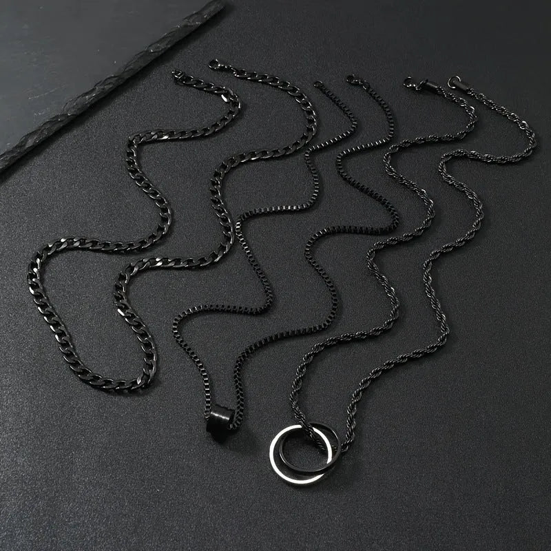 Men's black stainless steel necklace with titanium steel cylindrical ring buckle pendant, three-piece set.