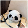 Soft plush Panda Head design cylindrical crossbody bag showing front view and pocket.