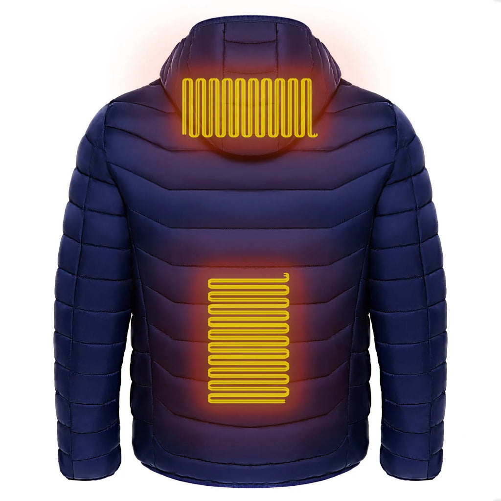 Men's heated puffer jacket in black with hood, electric heating for skiing, side view