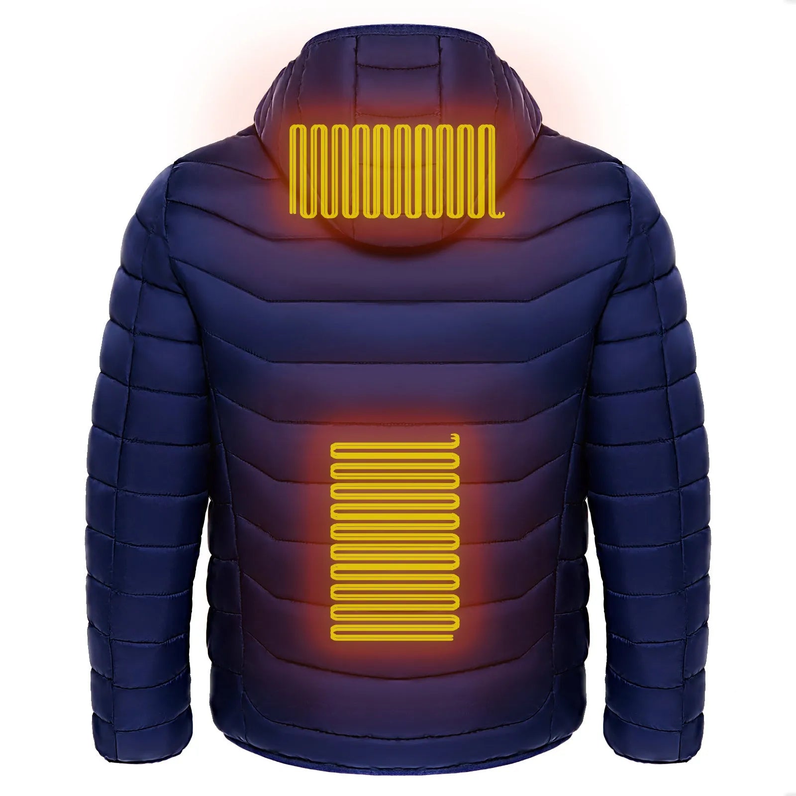 Men's heated puffer jacket in black with hood, electric heating for skiing, side view