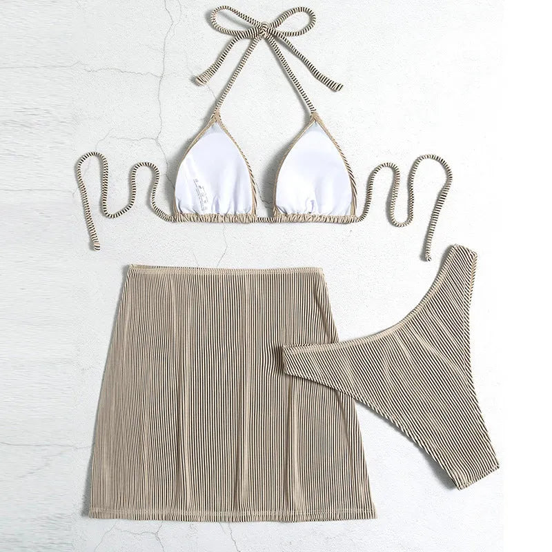 Three-piece polyester rib fabric bikini swimsuit in khaki, black and white, green, or emerald green