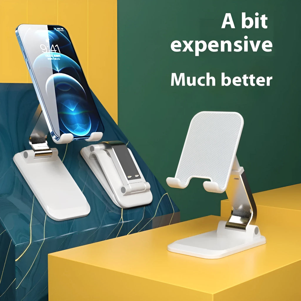 Universal folding desktop phone stand in pearl white, showing adjustable bracket.