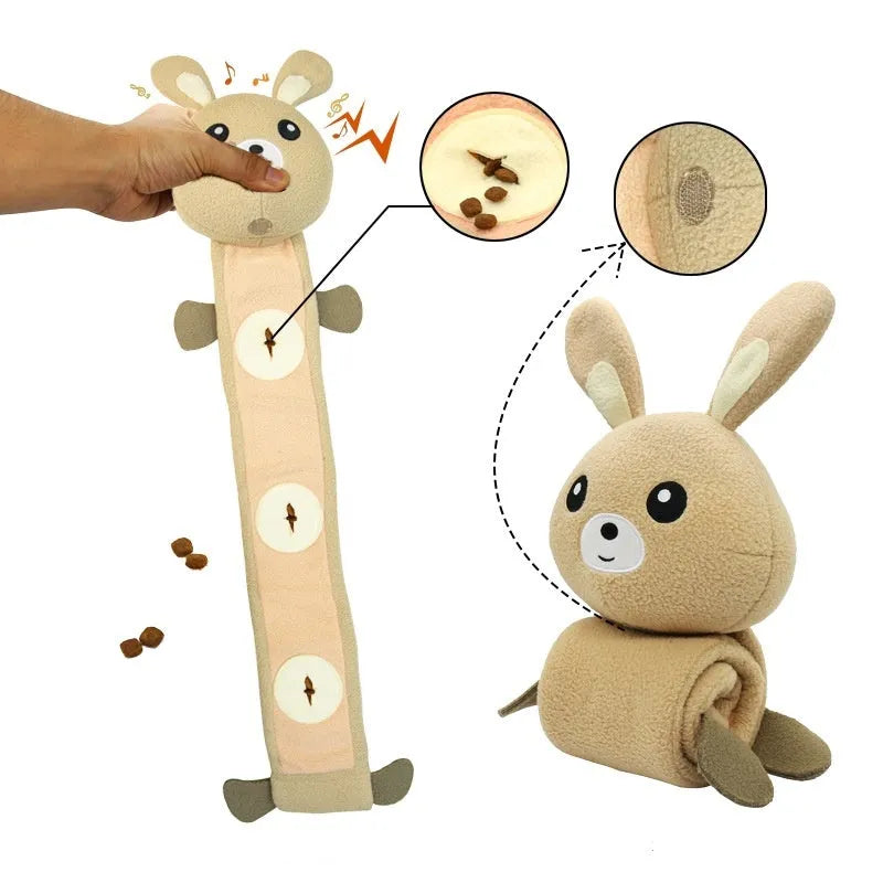 Plush fleece rabbit dog toy with sound maker, food hiding function, 650mm length
