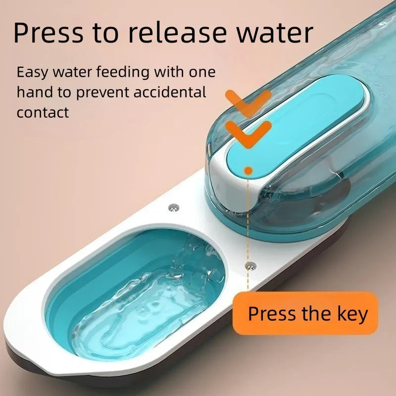 Portable pet water bottle with foldable silicone drinking bowl in blue, grey, and pink colour options