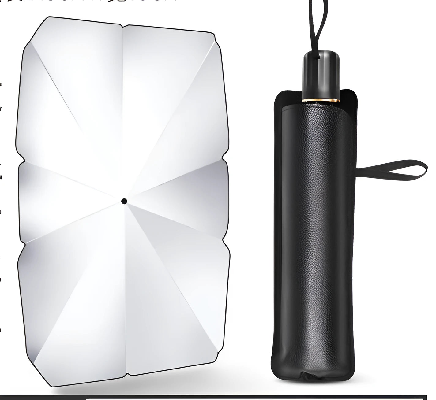Car sun umbrella made from titanium silver glue and impact cloth with telescopic arms, resting on a car windscreen interior