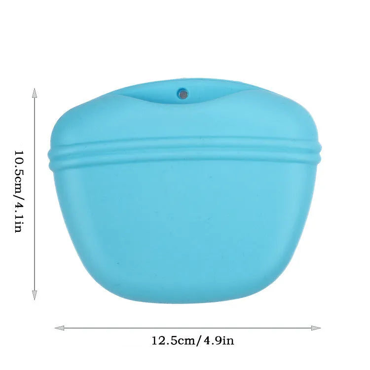 Silicone dog training treat pouch with magnetic closure and metal clip in assorted colours.