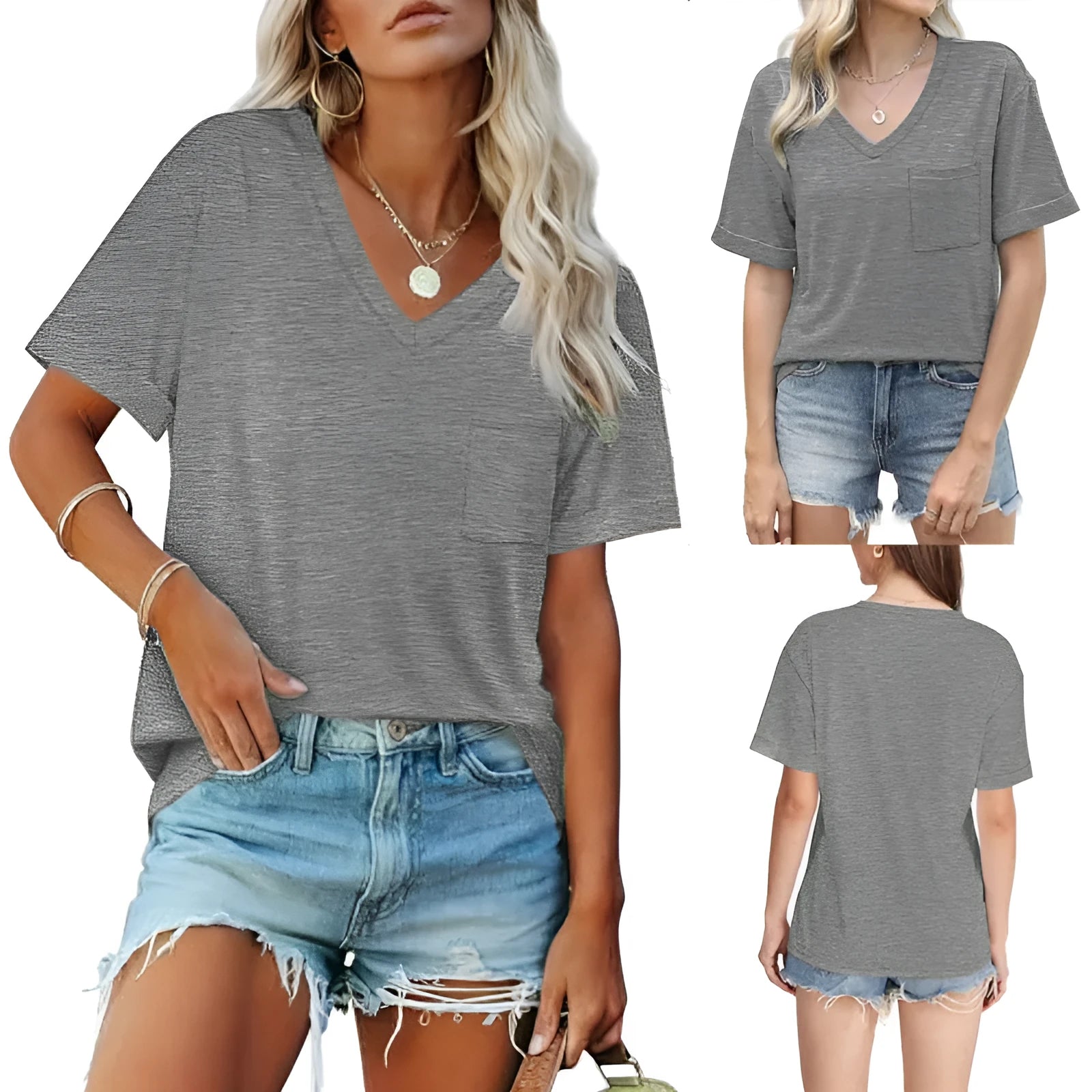 Grey men's loose fit V-neck t-shirt with a chest pocket on a solid background