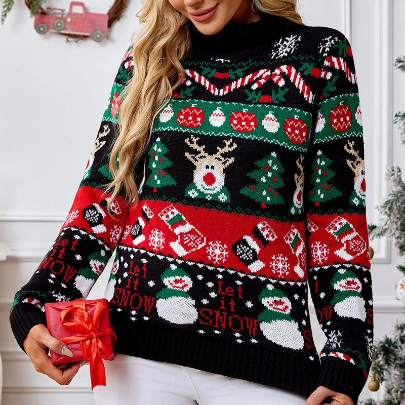 Women's slim fit animal pattern turtleneck sweater in black Christmas sweater colour, long sleeves, acrylic knit pullover