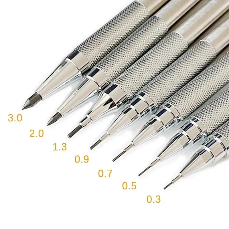 Metal automatic mechanical pencil showing six compatible lead sizes from 0.3mm to 2.0mm