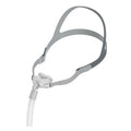 Grey silicone and plastic nose pillow respirator mask for adults with ventilator insert, sizes S M L