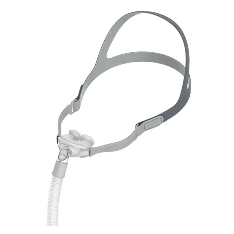 Grey silicone and plastic nose pillow respirator mask for adults with ventilator insert, sizes S M L