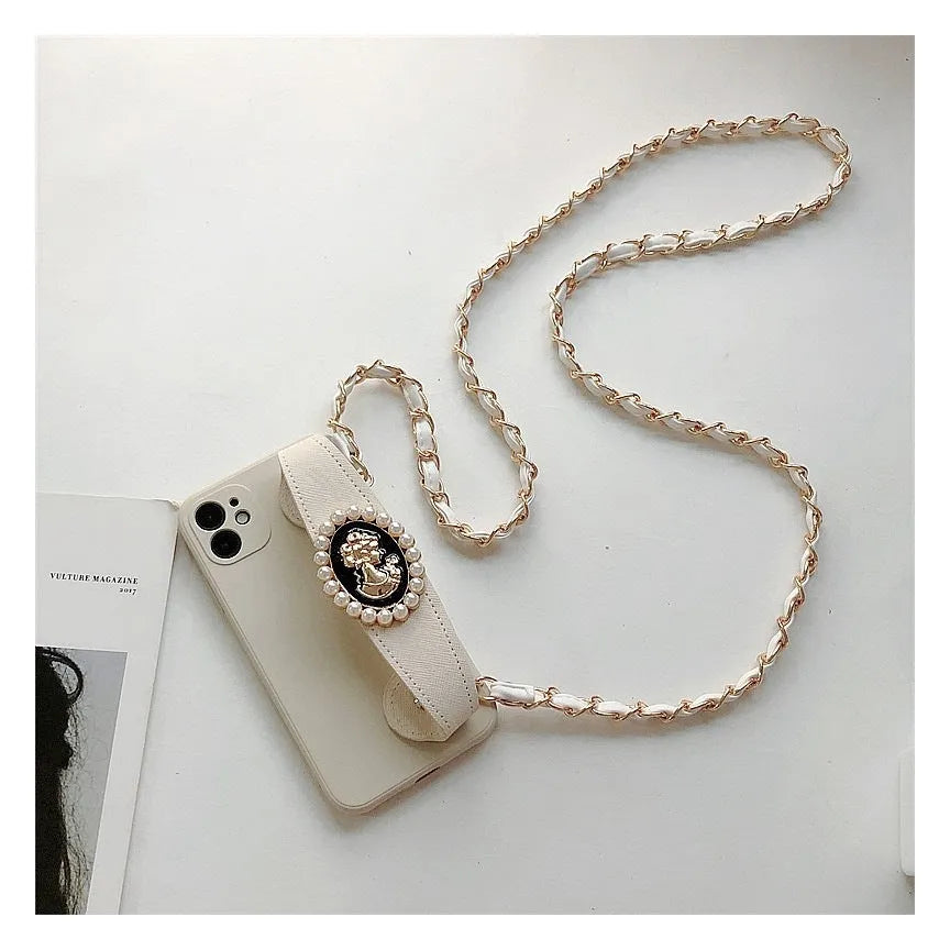 White TPU wrist strap crossbody chain protective phone case for iPhone with lanyard