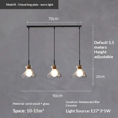 Three-head retro pendant light with warm light, 220V, long or round plate for cafe bar dining room study