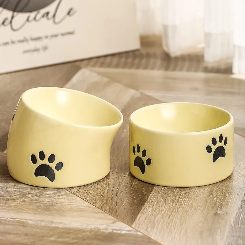Ceramic cat food bowl with high foot and cat's paw print in chosen colour.