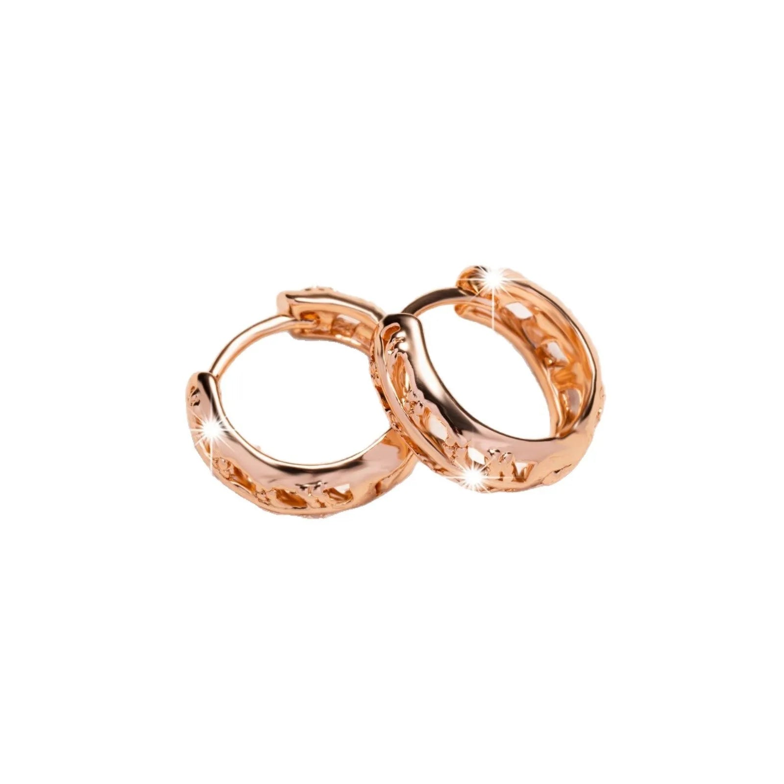 Small rose gold copper earrings with hollow heart and leaf design