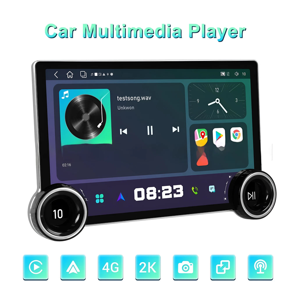 11.8-inch Android car stereo with dual knobs and QLED touchscreen showing navigation interface
